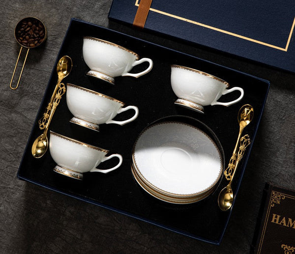 Elegant British Ceramic Coffee Cups, 7.8 oz Porcelain Coffee Cup Set, White Ceramic Cups, Unique Tea Cup and Saucer in Gift Box-Silvia Home Craft