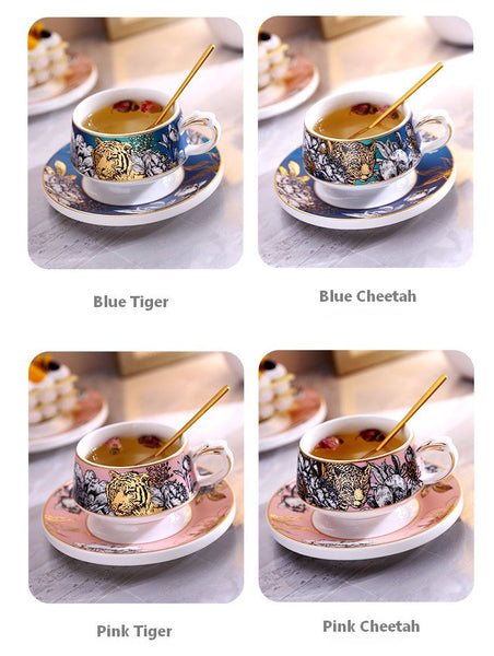 Handmade Ceramic Cups with Gold Trim and Gift Box, Jungle Tiger Cheetah Porcelain Coffee Cups, Creative Ceramic Tea Cup and Saucer-Silvia Home Craft