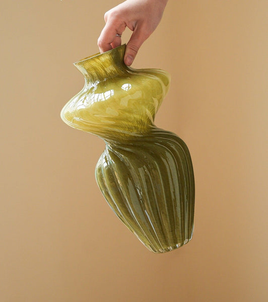 Handmade Contemporary Glass Vases, Modern Green Vases for Living Room, Mid Century Vases for Flowers, Unique Decorative Glass Vase, Centerpiece Vases on Table-Silvia Home Craft