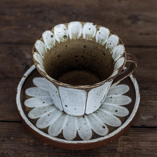 Daisy Flower Pattern Coffee Cup, Cappuccino Coffee Mug, Pottery Coffee Cups, Latte Coffee Cup, Tea Cup, Coffee Cup and Saucer Set-Silvia Home Craft