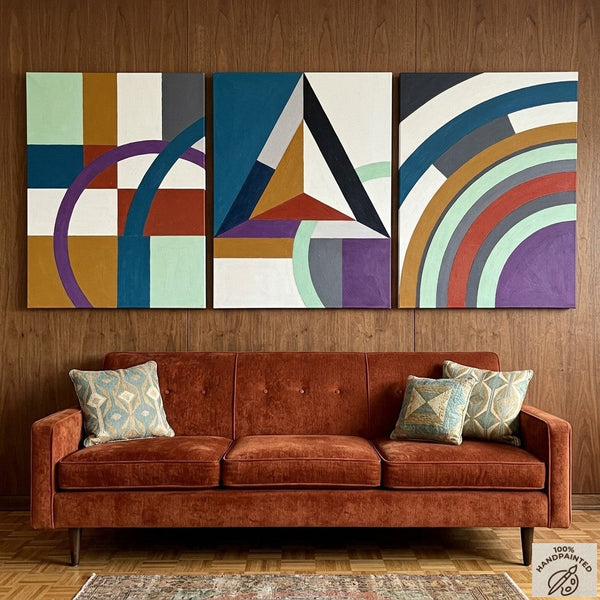 Multi Panel Canvas Art, Geometric Pattern Contemporary Artwork, Abstract Paintings for Mid Century Modern Living Room-Silvia Home Craft