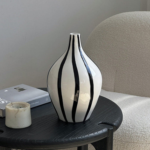 Water Holding Flower Vases, Black and White Striped Ceramic Vase, Porcelain Flower Vases, Modern Flower Vases on Table-Silvia Home Craft