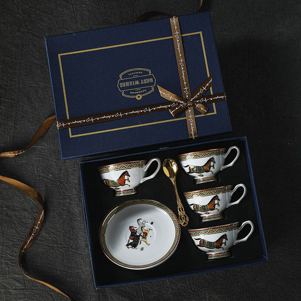 Elegant British Horse Pattern Coffee Cup with Saucer, 7.4 oz Ceramic Tea Cup and Saucer in Gift Box, Porcelain Tea Cup and Saucer Set-Silvia Home Craft