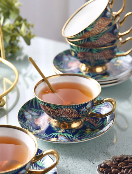 Creative Leopard Ceramic Coffee Cups, 6.8 oz Tea Cup and Saucer in Gift Box as Birthday Gift, Beautiful British Tea Cups, Creative Porcelain Tea Cup Set-Silvia Home Craft