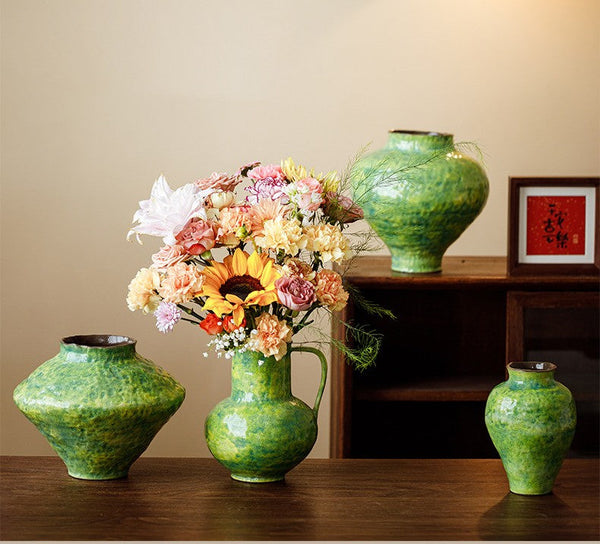 Centerpiece on Dining Table, Modern Pottery Flower Vases, Handmade Water Holding Flower Vases, Pottery Bud Vases, Large Green Flower Vases on Table-Silvia Home Craft