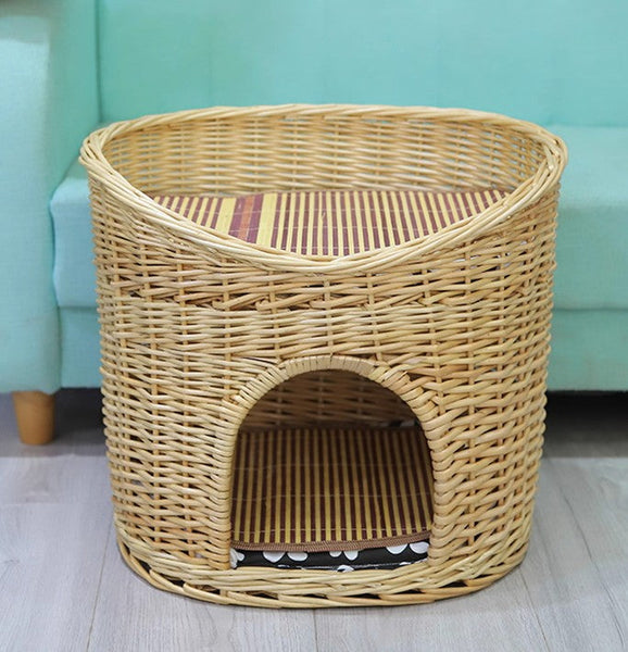Washable Wicker Cat Bed, Wicker Cat House with Washable Cushion for Indoor Cats and Dogs-Silvia Home Craft