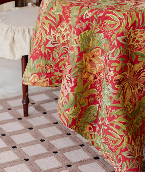 Large Modern Rectangle Tablecloth for Dining Table, Flower Pattern Red Table Covers for Round Table, Farmhouse Table Cloth for Oval Table-Silvia Home Craft