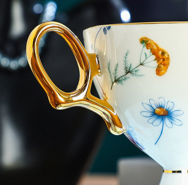 Elegant British Ceramic Coffee Cup with Saucer, 6.8 oz Tea Cup and Saucer Set in Gift Box, Floral Porcelain Tea Cup and Saucer Set, Flower Ceramic Tea Cup and Saucer-Silvia Home Craft