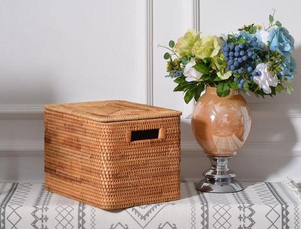 Rectangular Storage Basket with Lid, Rattan Storage Basket for Shelves, Extra Large Storage Baskets for Bedroom, Storage Baskets for Clothes-Silvia Home Craft