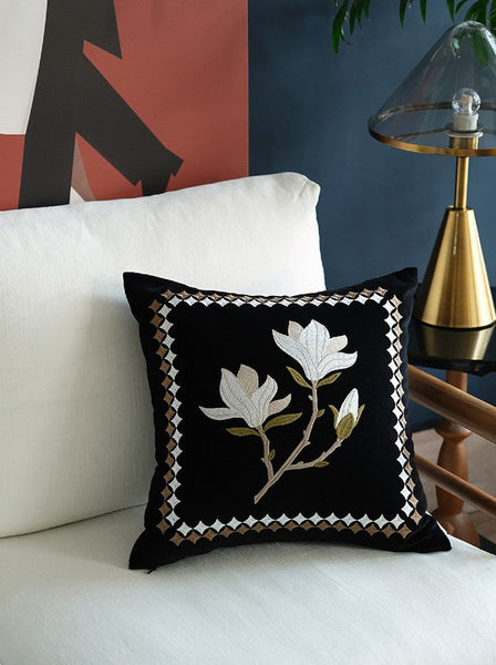 Magnolia Embroidered Cushion, Decorative Pillow Arrangement Ideas for Couch, Large Decorative Pillows for Couch, Modern Throw Pillows for Bedroom, Living Room Decorative Pillows-Silvia Home Craft