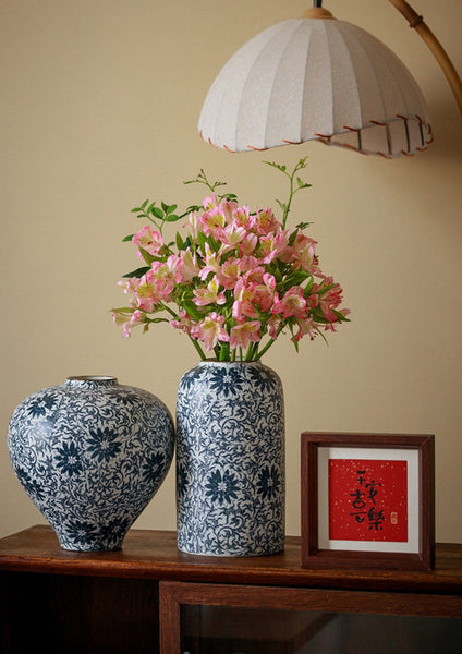 Vintage Bouquet Flower Vases, Centerpiece on Dining Table, Large Blue Flower Vase on Table, Handmade Porcelain Flower Vases Urn, Water Holding Flower Vases-Silvia Home Craft