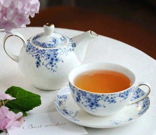Mother and Baby Teapot with Matching Saucer British Style Porcelain Teapot with Matching Cup and Saucer in Gift Box, Ceramic Tea Pot with Integrated Cup, Stackable Teapot and Cup Set-Silvia Home Craft