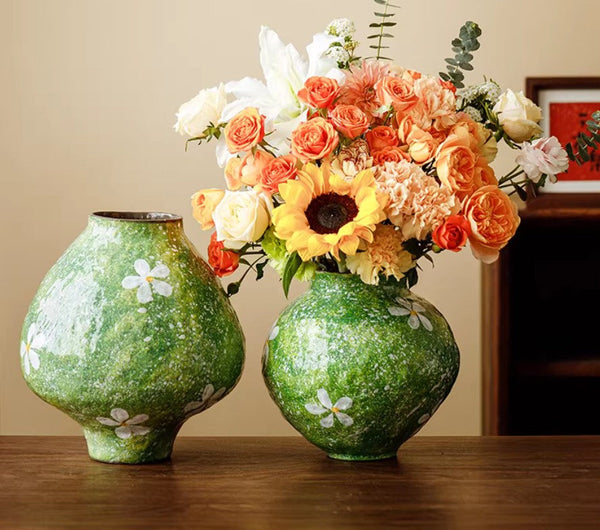 Centerpiece on Dining Table, Handmade Water Holding Flower Vases, Modern Pottery Flower Vases, Pottery Bud Vases, Large Green Flower Vases on Table-Silvia Home Craft