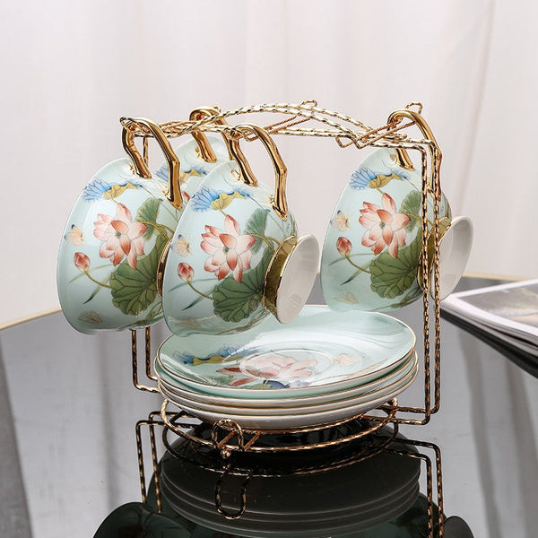 Lotus Flower Bone China Porcelain Tea Cup Set, Unique British Tea Cup and Saucer in Gift Box, Elegant British Ceramic Coffee Cups-Silvia Home Craft