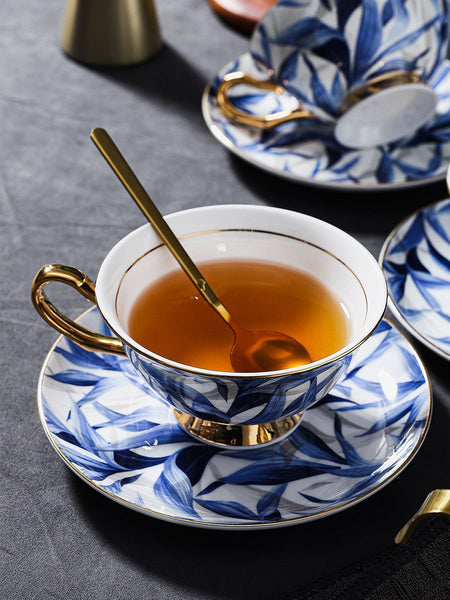 Unique British Tea Cup and Saucer in Gift Box, Blue Porcelain Tea Cup Saucer Set, 7.4 oz British Ceramic Coffee Cups-Silvia Home Craft