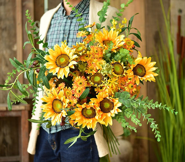 Large Bunch of Yellow Sunflowers, Unique Floral Arrangement for Home Decoration, Table Centerpiece, Real Touch Artificial Flowers for Living Room-Silvia Home Craft