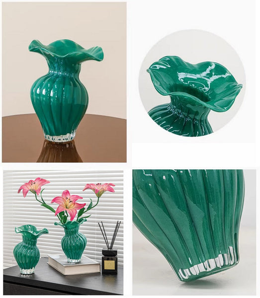 Contemporary Vases for Modern Home Decor, Unique Handmade Liuli Vases, Color Glaze Vase, Green Glass Bud Vases, Centerpiece Vases on Table-Silvia Home Craft