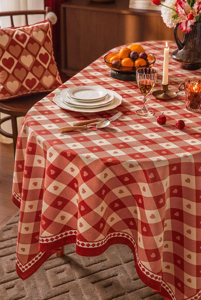 Red Heart-shaped Table Cover for Dining Room Table, Holiday Red Tablecloth for Dining Table, Modern Rectangle Tablecloth for Oval Table-Silvia Home Craft