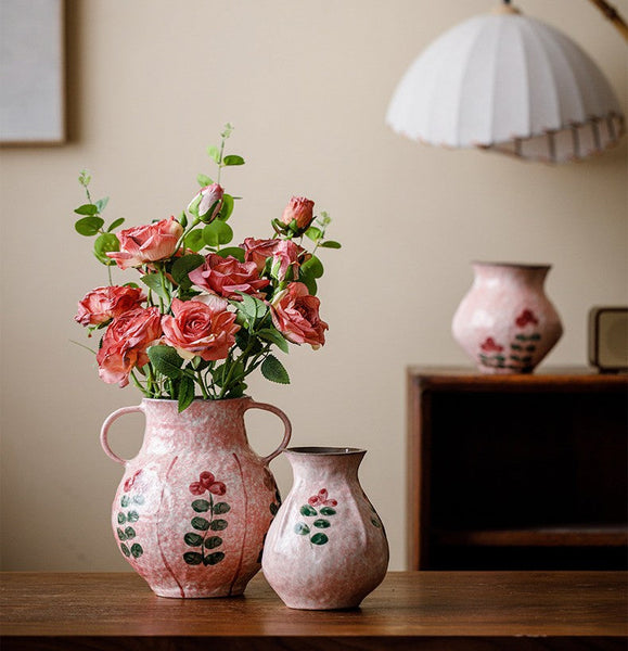 Handmade Water Holding Flower Vases, Rustic Pottery Flower Vases, Small Flower Vases on Table, Pink Bud Vases-Silvia Home Craft