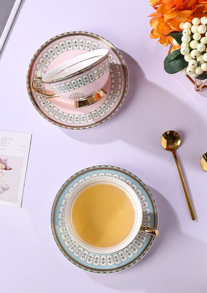 Royal Blue and Pink Bone China Porcelain Tea Cup Set, Tea Cups and Saucers in Gift Box, Elegant Ceramic Coffee Cups, Beautiful British Tea Cups-Silvia Home Craft