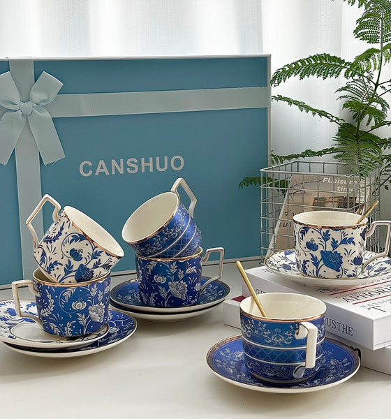 Unique British Traditional Afternoon Tea Cup Set with Teapot, 8 oz Ceramic Coffee Cup with Saucer Set of 4 cups in Gift Box, Blue Porcelain Tea Cup and Saucer Set-Silvia Home Craft