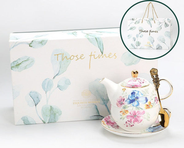 Ceramic Tea Pot with Integrated Cup, Stackable Teapot and Cup Set, Porcelain Teapot with Matching Cup and Saucer in Gift Box, Mother and Baby Teapot with Matching Saucer-Silvia Home Craft