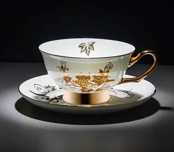 Elegant British Ceramic Coffee Cups, 7.4 oz Golden Leaves and Grapes Porcelain Tea Cup Saucer Set, Unique British Tea Cup and Saucer in Gift Box-Silvia Home Craft
