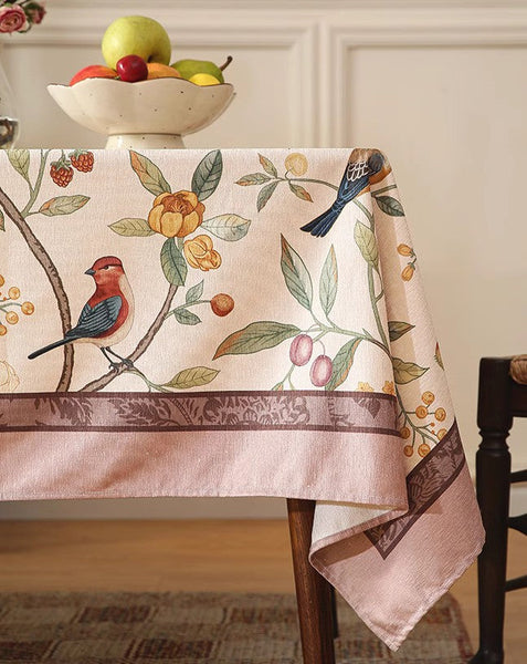 Tablecloth for Round Table, Simple Modern Rectangle Tablecloth Ideas for Oval Table, Bird and Fruit Tree Kitchen Table Cover, Linen Table Cover for Dining Room Table-Silvia Home Craft