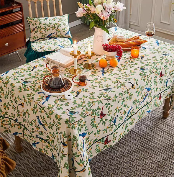 Large Modern Rectangle Tablecloth for Dining Room Table, Bird Flower Pattern Farmhouse Table Cloth, Square Tablecloth for Round Table-Silvia Home Craft