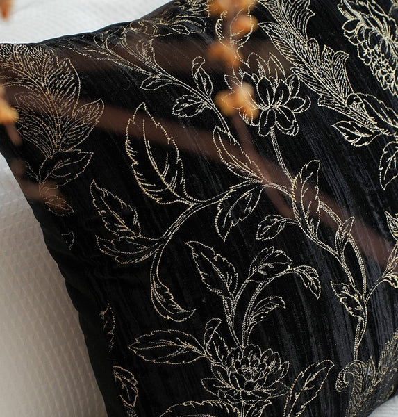 Contemporary Modern Sofa Pillows, Black Embroidery Flower Pattern Pillows for Couch, Decorative Throw Pillows for Bedroom, Large Modern Sofa Pillow for Dining Room-Silvia Home Craft