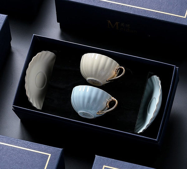 Macaroon Ceramic Coffee Cups, 6.8 oz Tea Cup and Saucer Set of 2 Cups in Gift Box as Birthday Gift, Beautiful Elegant British Tea Cups, Creative Porcelain Tea Cup Set-Silvia Home Craft