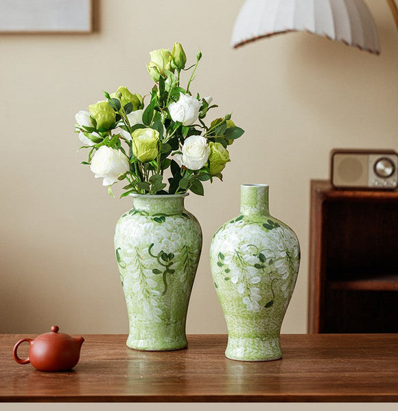 Centerpiece Ceramic Bud Vases, Large Flower Vases on Table, Green Porcelain Flower Vases, Handmade Water Holding Flower Vase-Silvia Home Craft