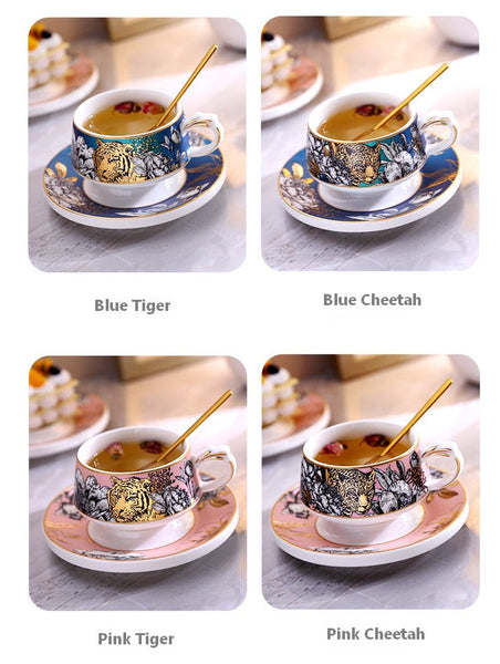 Creative Ceramic Tea Cups and Saucers, Jungle Tiger Cheetah Porcelain Coffee Cups, Unique Ceramic Cups with Gold Trim and Gift Box-Silvia Home Craft