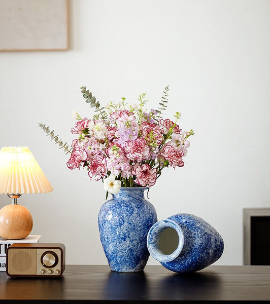 Modern Pottery Flower Vases, Handmade Water Holding Flower Vases, Centerpiece on Dining Table, Blue Pottery Bud Vases, Large Flower Vases on Table-Silvia Home Craft