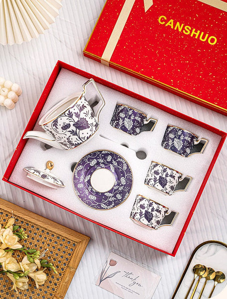 British Traditional Afternoon Tea Cup Set of 4 cups, 8 oz Ceramic Coffee Cup with Saucer in Gift Box, Porcelain Tea Cup and Saucer Set with Teapot-Silvia Home Craft