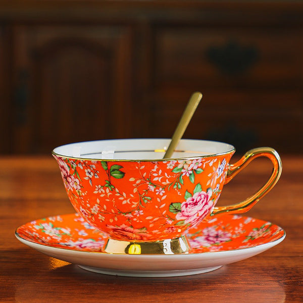 Porcelain Tea Cup Saucer Set of 2 Cups, Floral Ceramic Coffee Cup with Saucer, Beautiful British Tea Cup and Saucer, Flower Tea Cup and Saucer Set in Gift Box-Silvia Home Craft