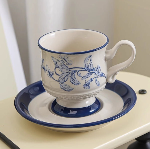 Creative Blue Coffee Cup and Saucer, Elegant Ceramic Cups for Afternoon Tea, Creative Porcelain Tea Cup Set, Beautiful British Tea Cups-Silvia Home Craft