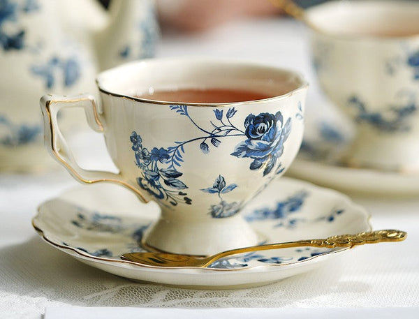 Elegant Vintage Ceramic Coffee Cups for Traditional Afternoon Tea, Royal Ceramic Cups, French Style China Porcelain Tea Cup Saucer Set, 6.8 oz Tea Cup and Saucers-Silvia Home Craft