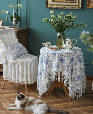 Flower Lace Tablecloth for Dining Room Table, Natural Spring Farmhouse Rectangle Table Cloth for Home Decoration, Square Tablecloth for Round Table-Silvia Home Craft