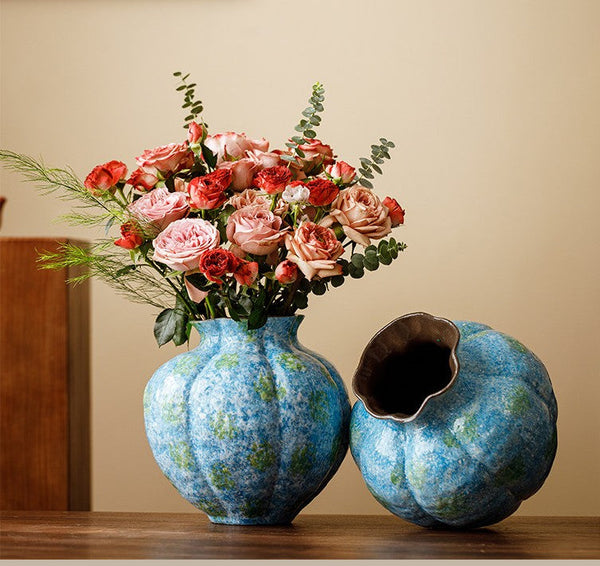 Centerpiece on Dining Table, Blue Flower Vase on Table, Handmade Water Holding Flower Vases, Pottery Flower Vases, Modern Bouquet Flower Vases-Silvia Home Craft