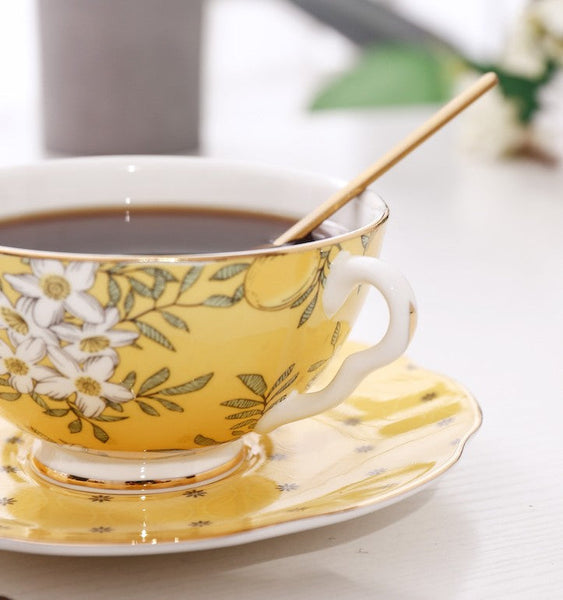 Creative Yellow Ceramic Coffee Cups, Unique Flower Coffee Cup and Saucer, Beautiful British Tea Cups, Creative Porcelain Tea Cup Set-Silvia Home Craft