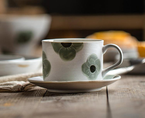 Cappuccino Coffee Cup, Spring Flower Coffee Cup, Rustic Tea Cup, Pottery Coffee Cups, Coffee Cup and Saucer Set-Silvia Home Craft