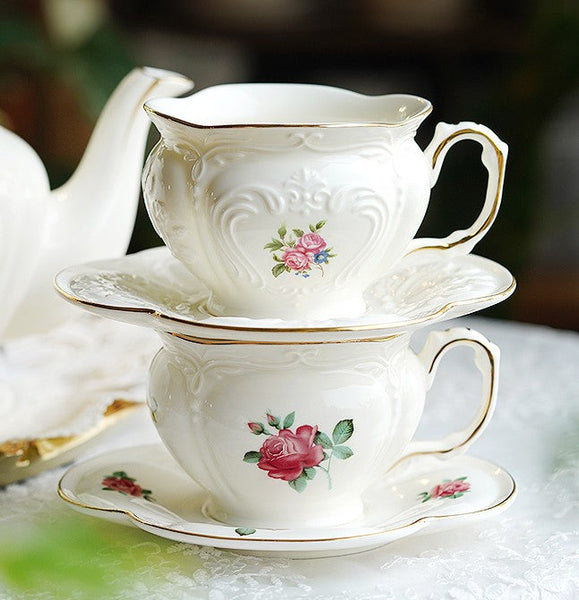 British Royal Ceramic Cups for Traditional Afternoon Tea, 7.4 oz Ceramic Coffee Cups, Rose Porcelain Tea Cup Saucer Set, 6.8 oz Tea Cup and Saucer in Gift Box-Silvia Home Craft