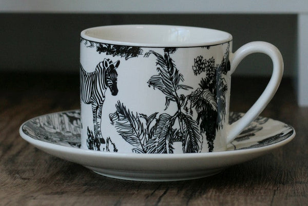 Royal Ceramic Cups, Elegant Ceramic Coffee Cups, 6.8 oz Tea Cup and Saucer in Gift Box, Zebra Jungle Porcelain Tea Cup Saucer Set-Silvia Home Craft