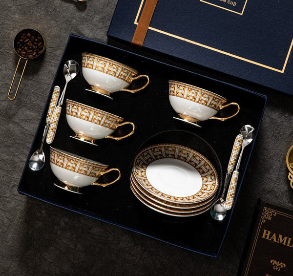 Handmade Elegant British Ceramic Coffee Cups, 6.8 oz Tea Cup and Saucer in Gift Box, Porcelain Tea Cup Set for Office, Yellow Ceramic Cups-Silvia Home Craft