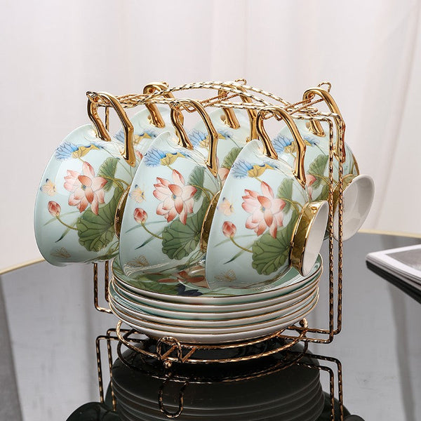 Unique British Tea Cup and Saucer in Gift Box, Lotus Flower Porcelain Tea Cup Saucer Set, Elegant British Ceramic Coffee Cups-Silvia Home Craft
