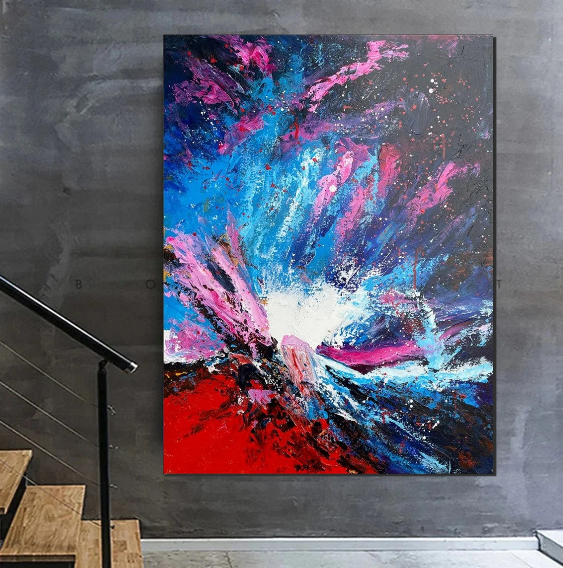 Abstract Paintings Behind Sofa Contemporary Canvas Wall Art, Blue Teal Terracotta, Large Horizontal Stripes, Modern Geometric Fluid Art, Living Room Focal, Neutral Base
