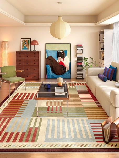 Modern Living Room Rug Placement Ideas, Contemporary Geometric Rugs for Bedroom, Colorful Carpets for Apartment, Living Room Modern Rugs-Silvia Home Craft