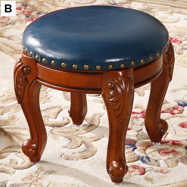 Solid Wood Ottoman, Rubberwood Entry Bench, Vanity Stool, Genuine Leather Solid Wood Entry Bench, Vintage Round Stool-Silvia Home Craft