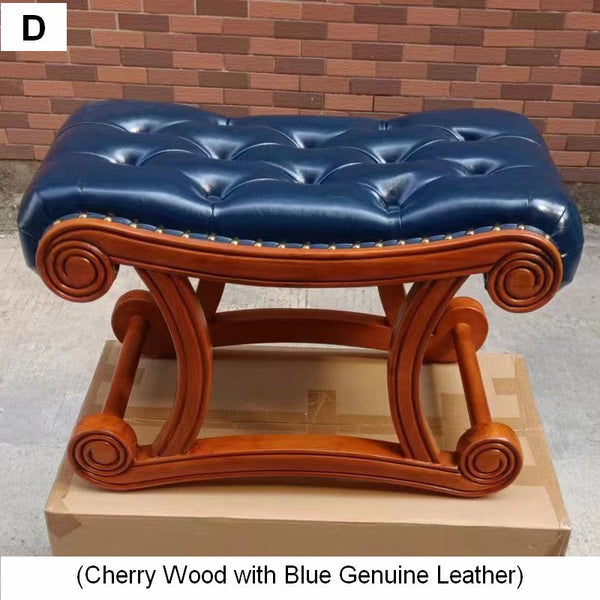 Vintage Leather Stool, Genuine Leather Solid Wood Entry Bench, Cherry Wood Footstool, Long Bench, Vanity Stool, Dressing Table Stool-Silvia Home Craft